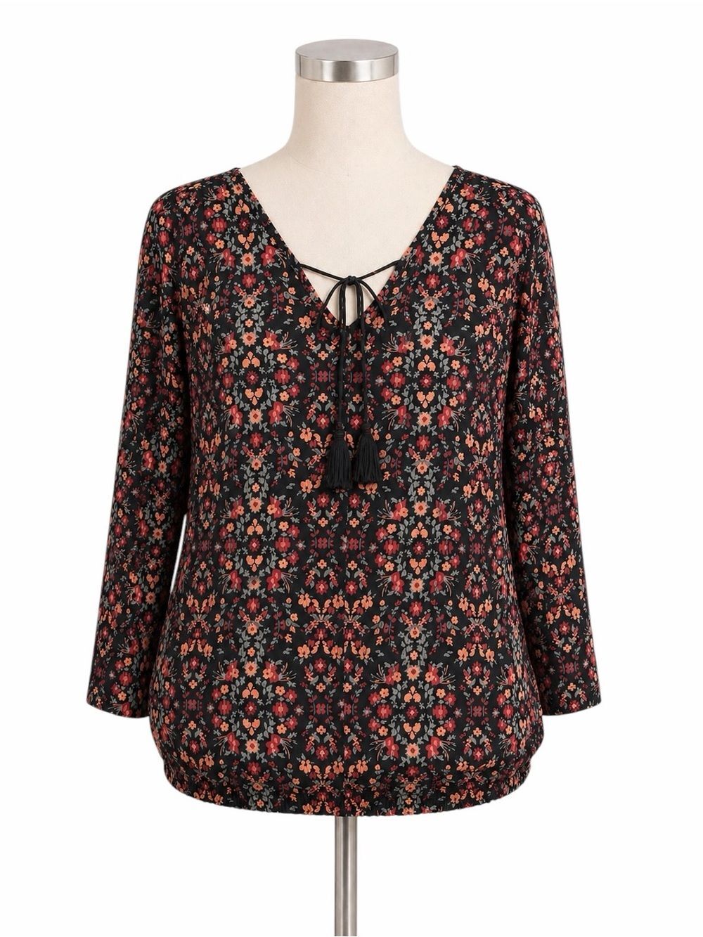 Lascana Boho Floral Peasant Blouse Tie Neck Black Red Orange Large